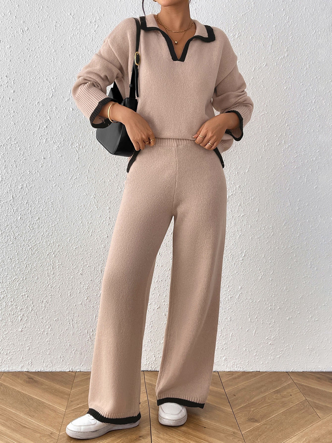 Women's Color Contrast Patchwork Collar Lapel Pullover Casual Sweaters