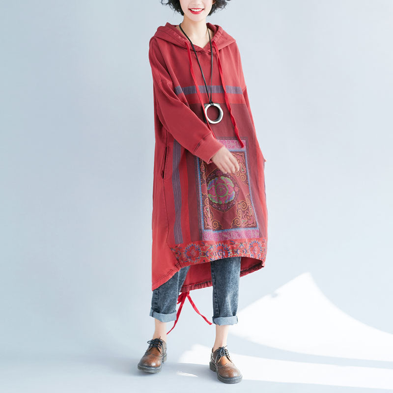 Women's Large Spring Hooded Loose Printed Long Dress Sweaters