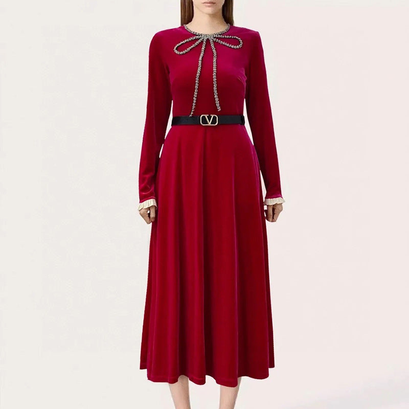 Women's Elegant Style Base Autumn Bow Long Sleeve Dress