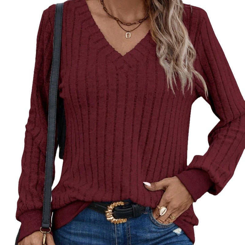 Women's Spring Brushed Sunken Stripe Solid Color Blouses