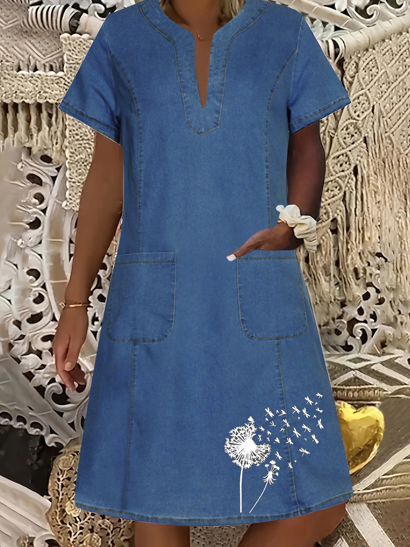 Women's Denim Dress Dark Blue Thin Pocket Dresses