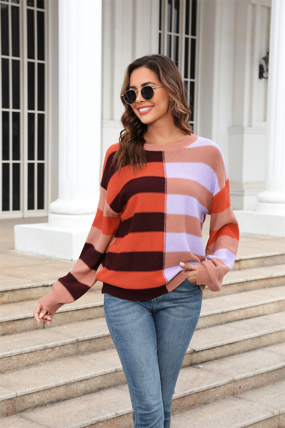 Women's Patchwork Stripes Contrast Color Round Neck Sweater