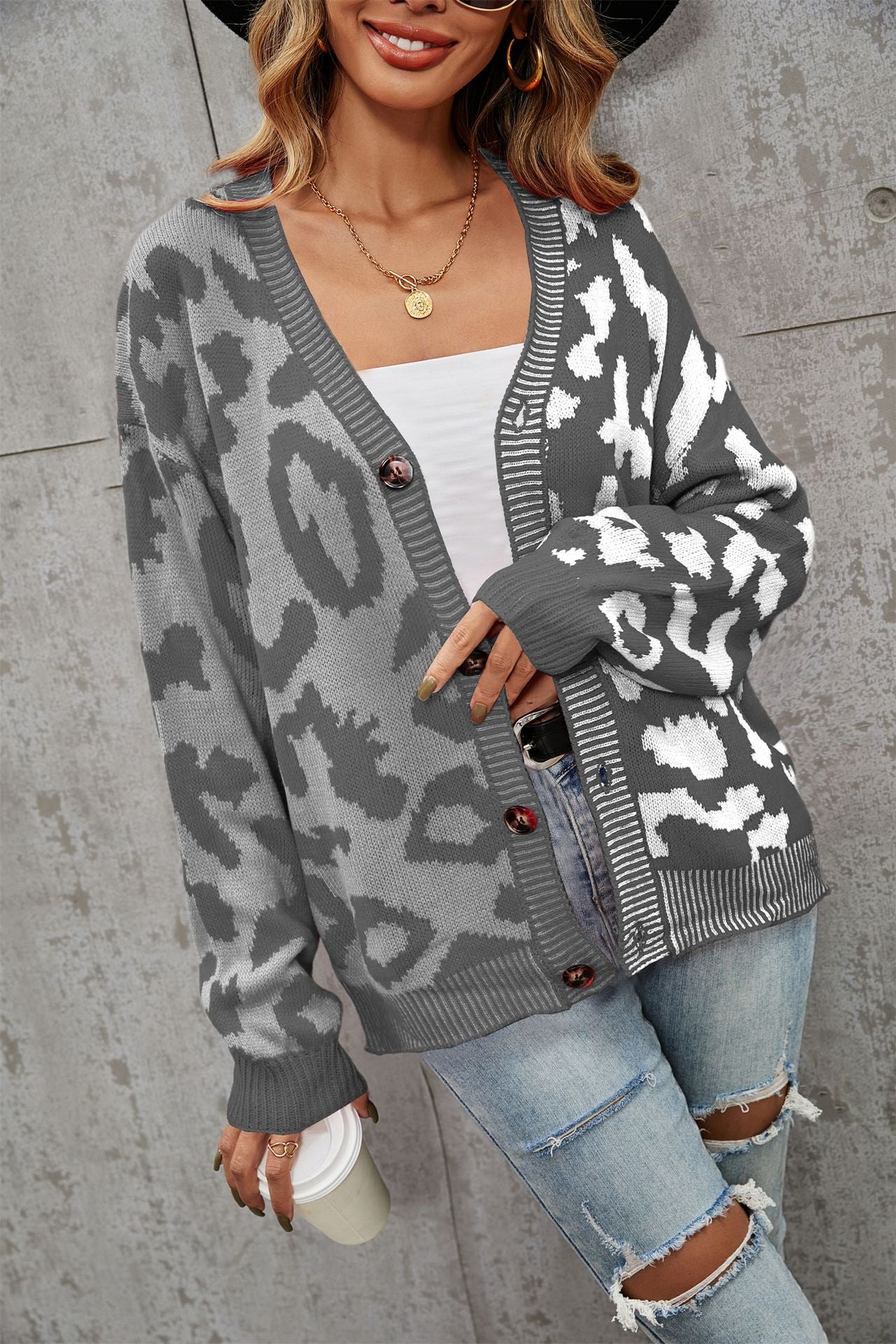 Graceful Comfortable Winter Leopard Splicing Button Women's Sweater