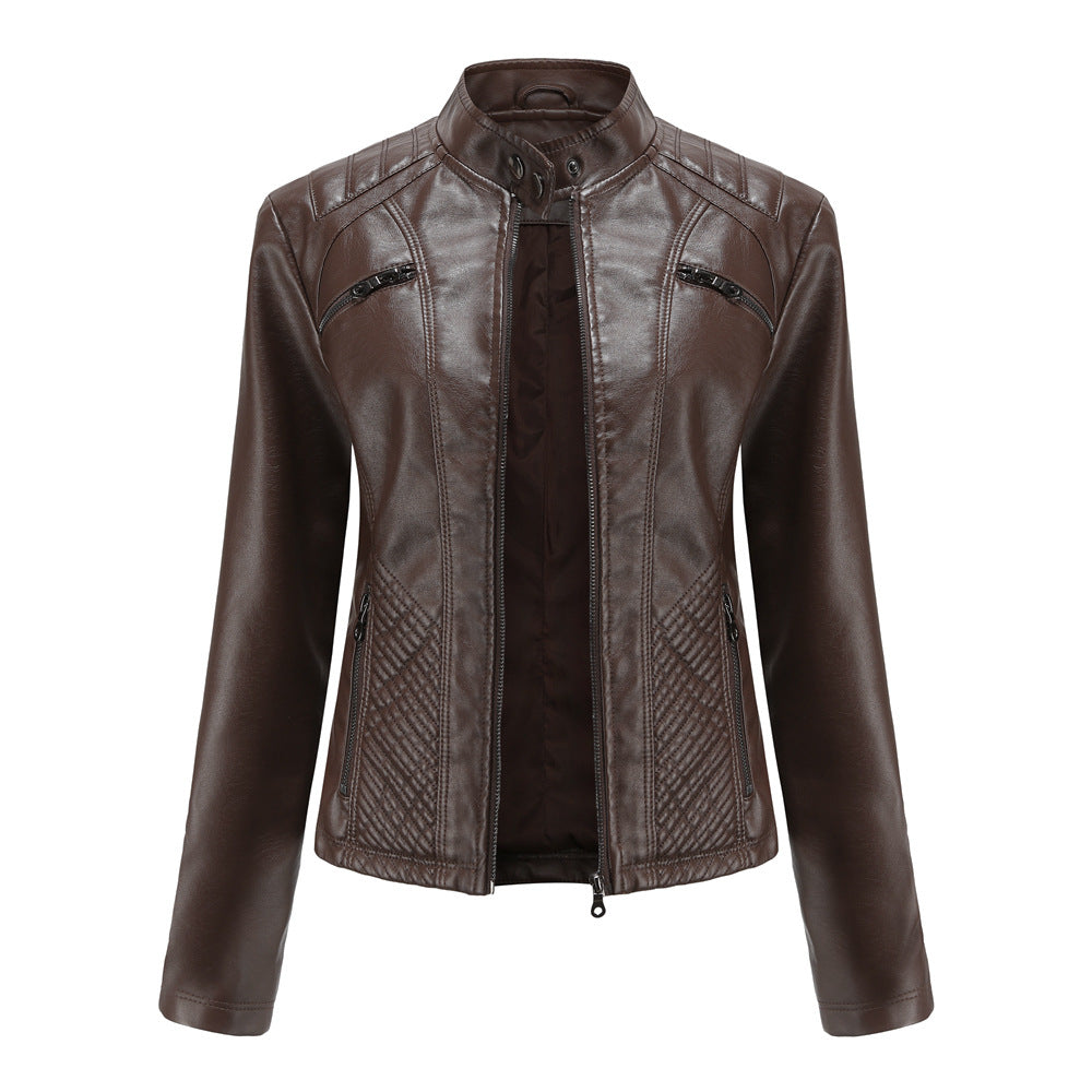Women's Casual Leather Stand Collar Solid Color Jackets
