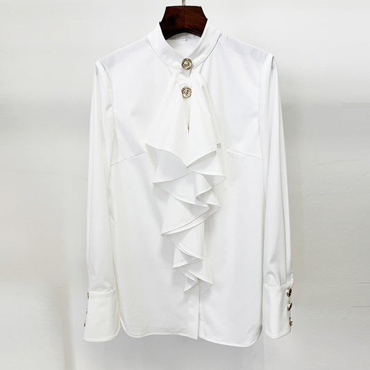 Fashion Simple Slim Fit Ruffle White Blouses