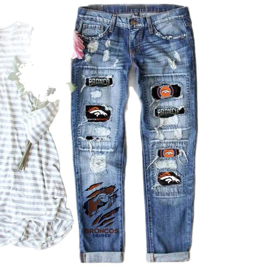 Women's Fashion Printed Ripped Straight Trousers Jeans