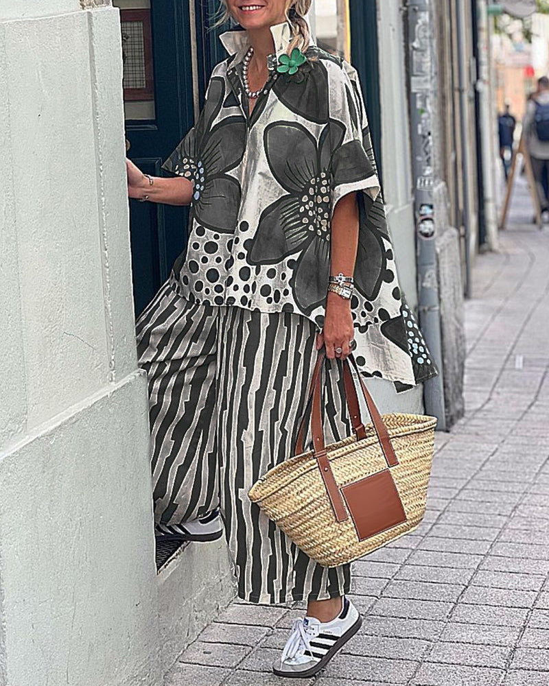 Women's Summer Lapel Loose Flower Print Set Fashion Casual Suit
