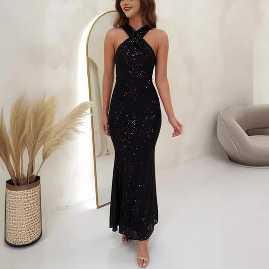 Fashionable Multicolor Halter Sleeveless Sequins Dress Dresses