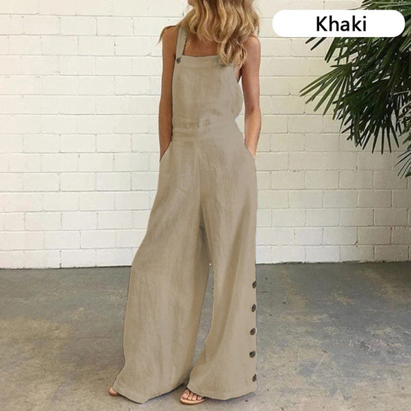 Women's Sleeveless Side Pocket Casual Wide Leg Jumpsuits