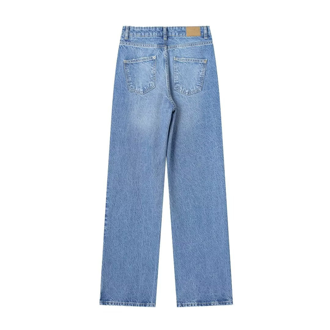 Women's French High Waist Straight Long Denim Jeans