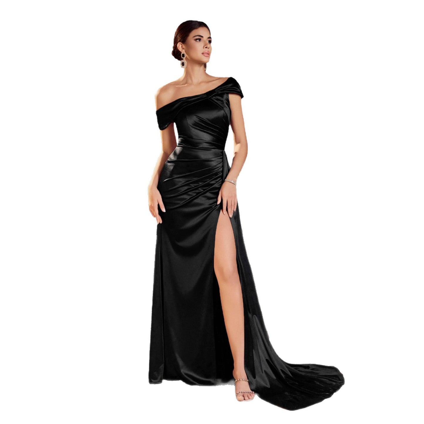 Black Satin High Slit Slimming Host Dress