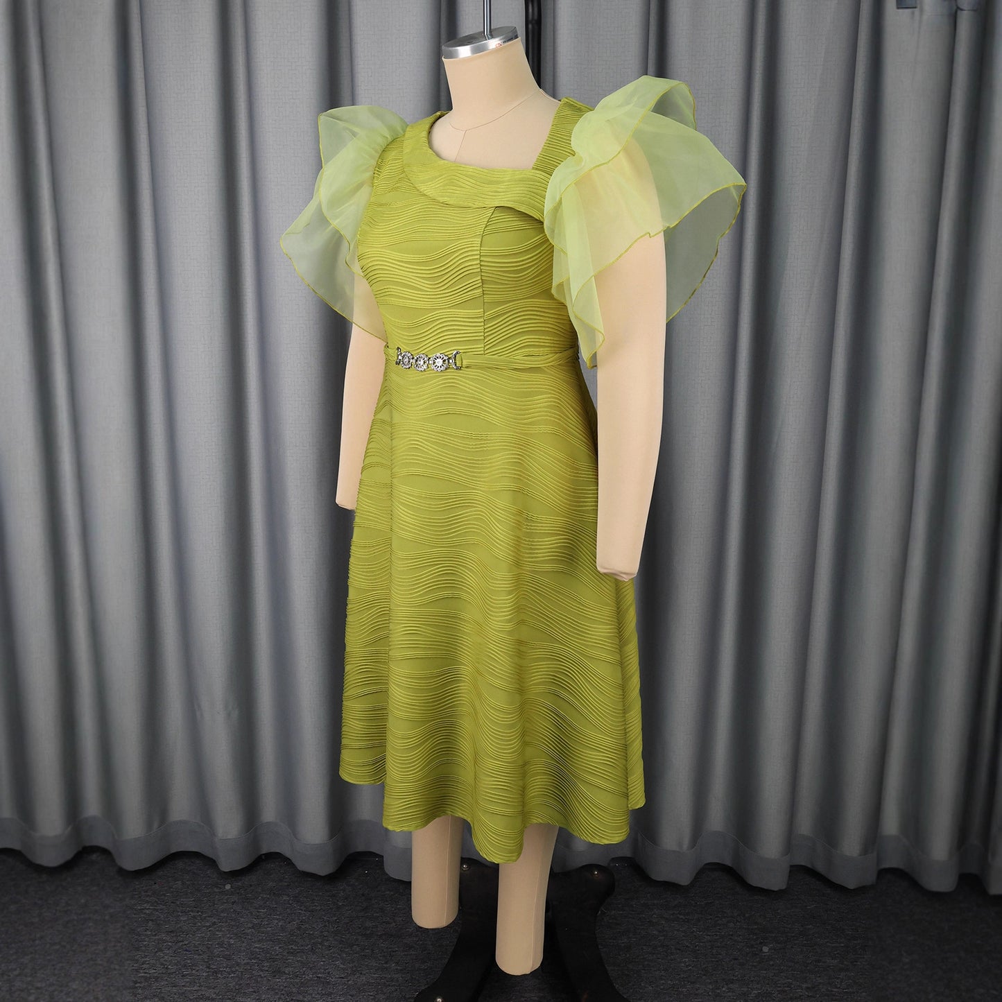 Collar Mesh Flying Sleeves Midi Dress Tight Dresses