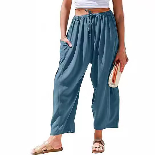 Women's Waist Pleated High Wide Leg Loose Harem Cotton Pants
