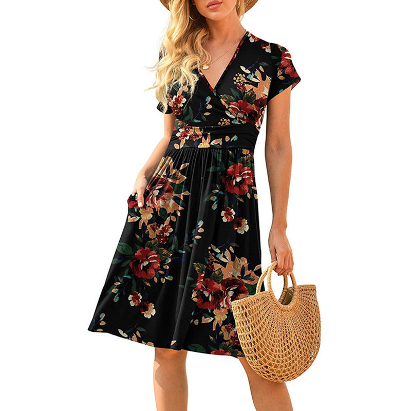 Women's Sleeve Printed Pocket Mid-length Dress Dresses