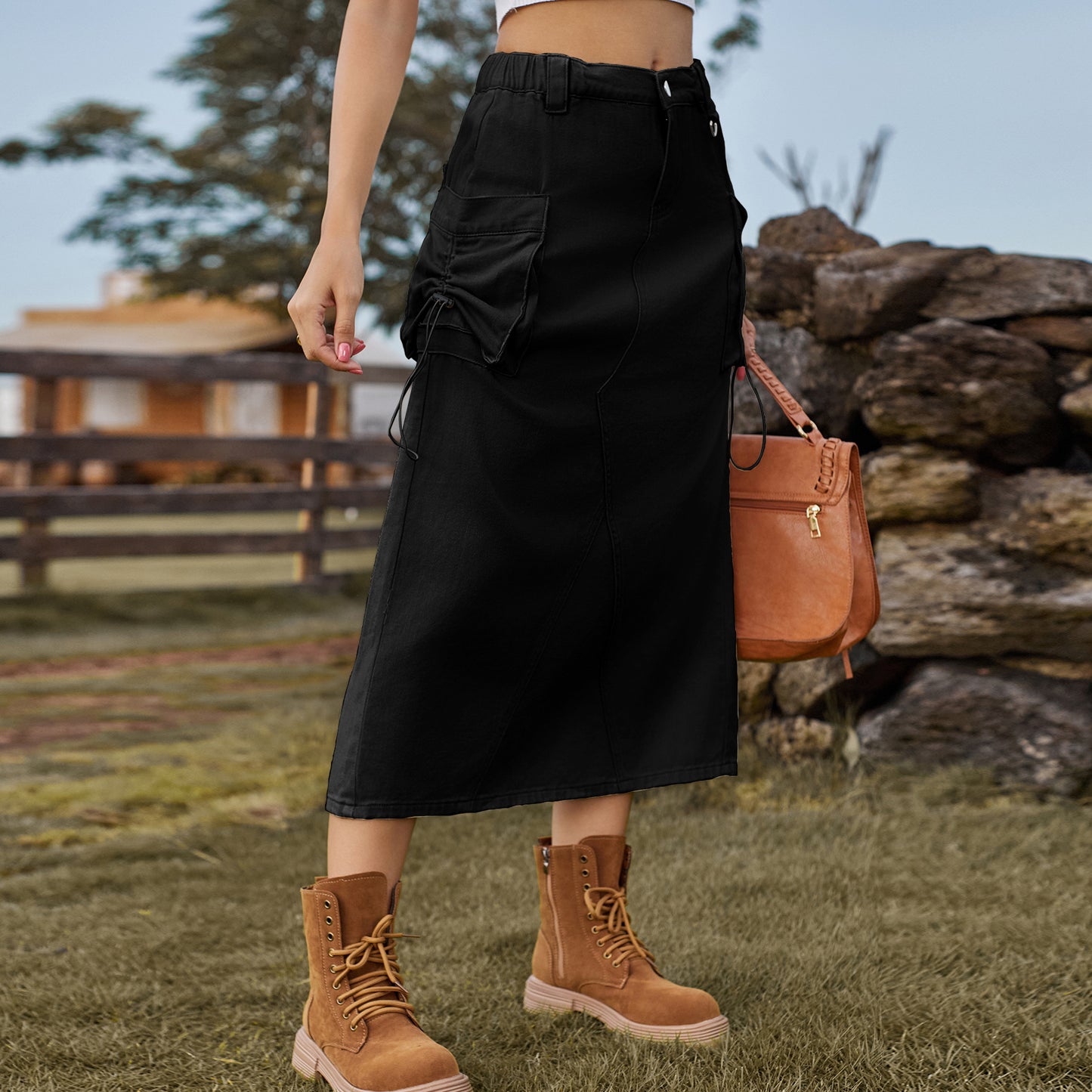 Women's Retro Denim Cargo Casual Midi Dress Skirts