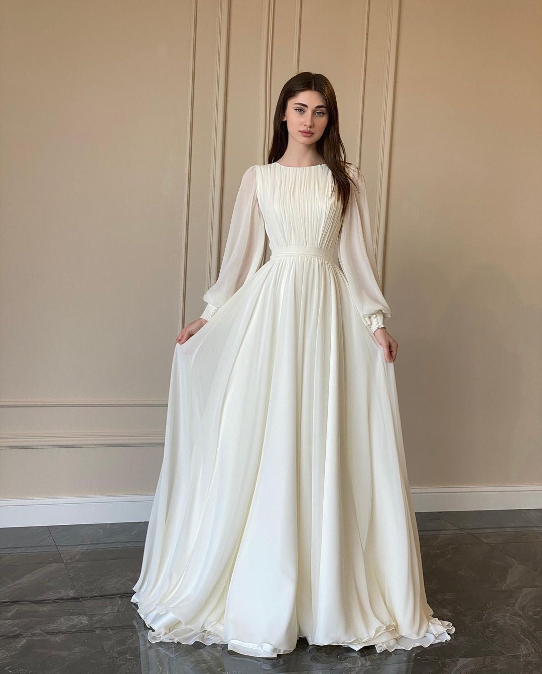Lantern Sleeve Pearlescent Yarn White Dress Dresses