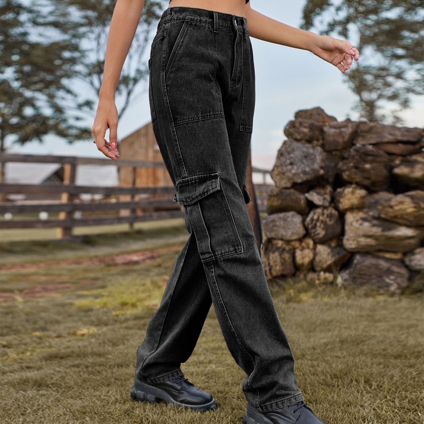 Women's American Retro Washed Design Personality Denim Cargo Jeans