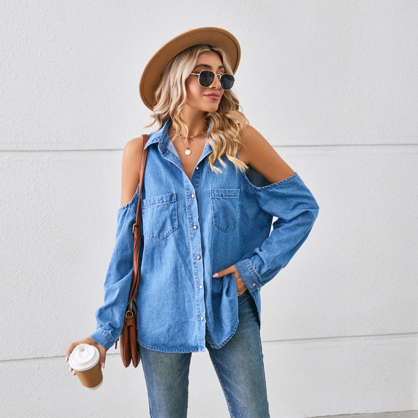 Women's American Hot Leisure Washed-out Denim Long Blouses