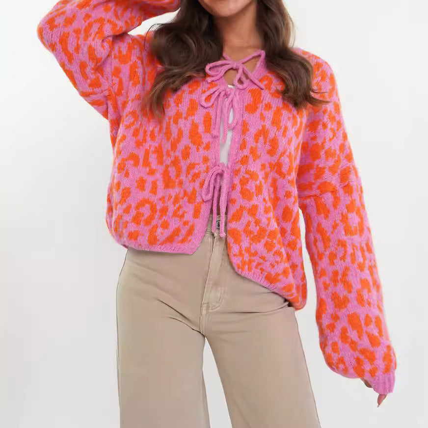 Women's Round Neck Tied Knitted Vintage Leopard Knitwear