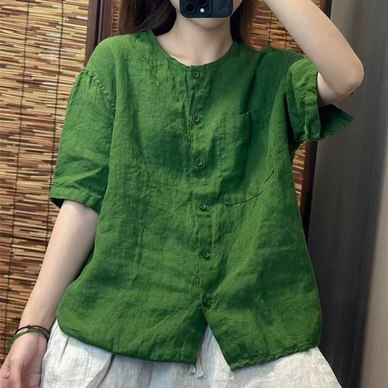 Women's Linen Sleeve Round Neck Shirt Summer Retro Art Loose-fitting Blouses