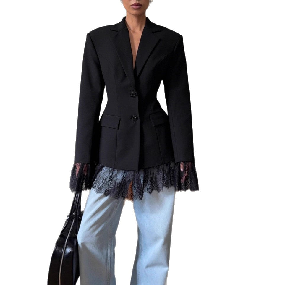 Women's Black Small Business Design Lace Stitching Blazers