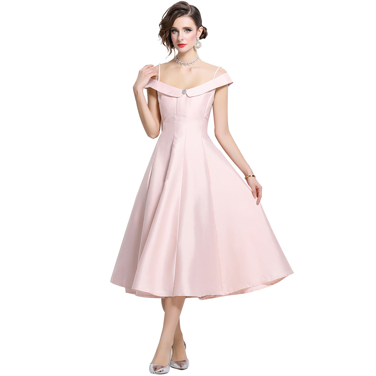 Women's Temperament Gold White Slip Dress High Sense Princess Dresses