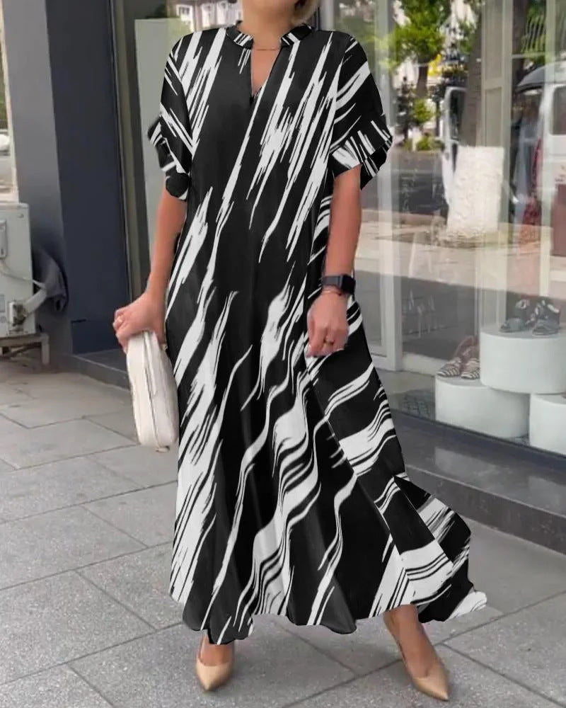 Women's Striped Floral Print Slit Swing Long Dresses