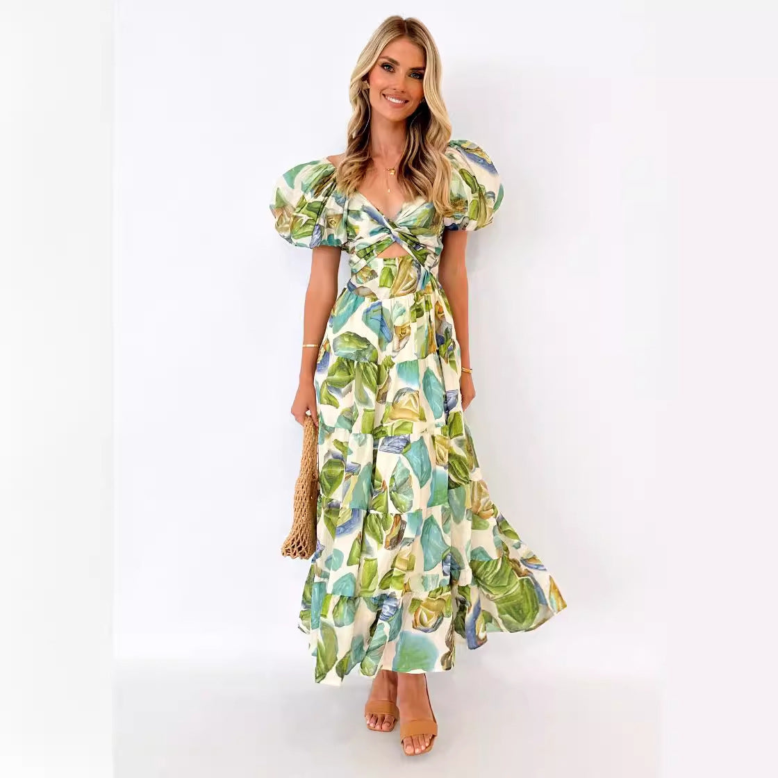 Women's Summer Vacation Casual Printed Puff Sleeve Dresses