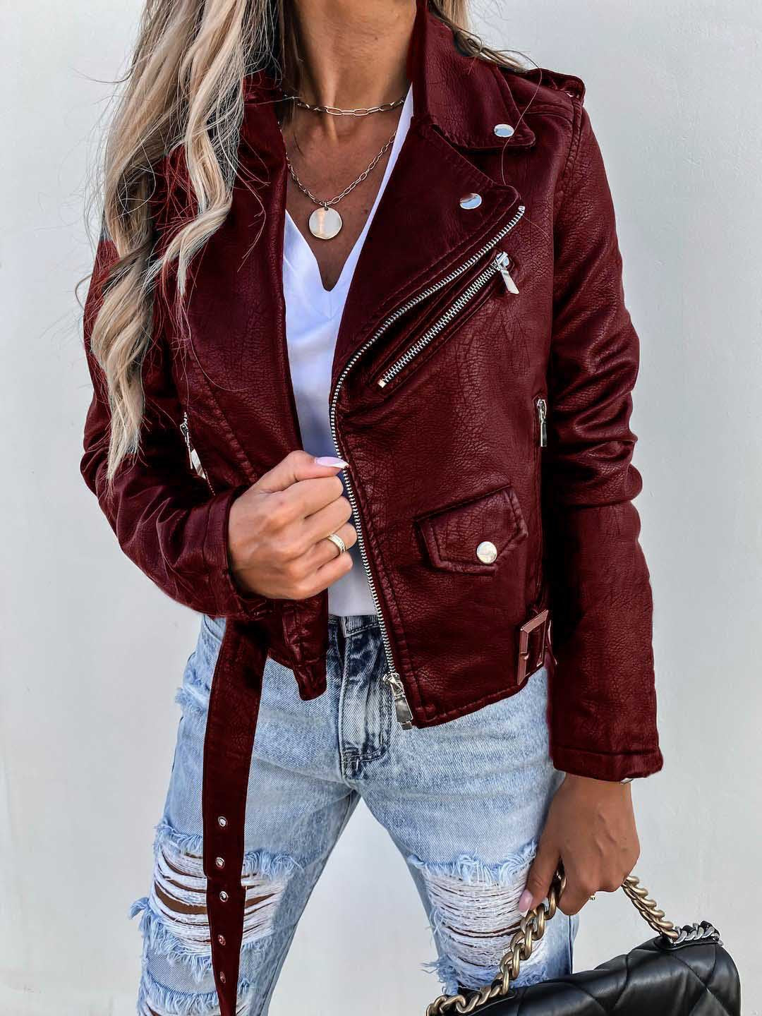 Women's Popular Russian Leather Motorcycle Zipper Jackets