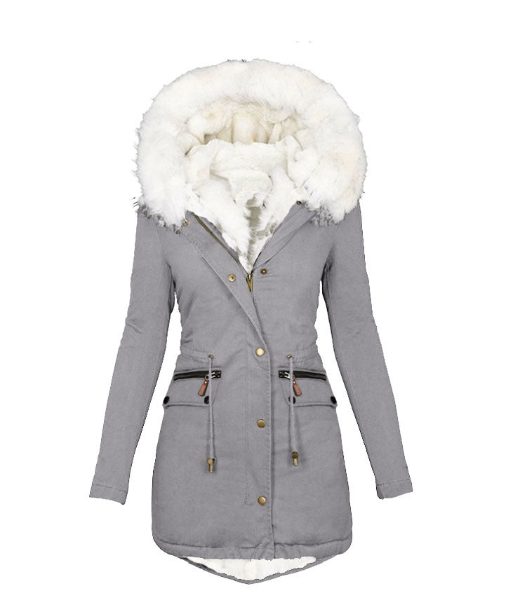 Women's Veet Cinched White Fur Collar Hooded Coats