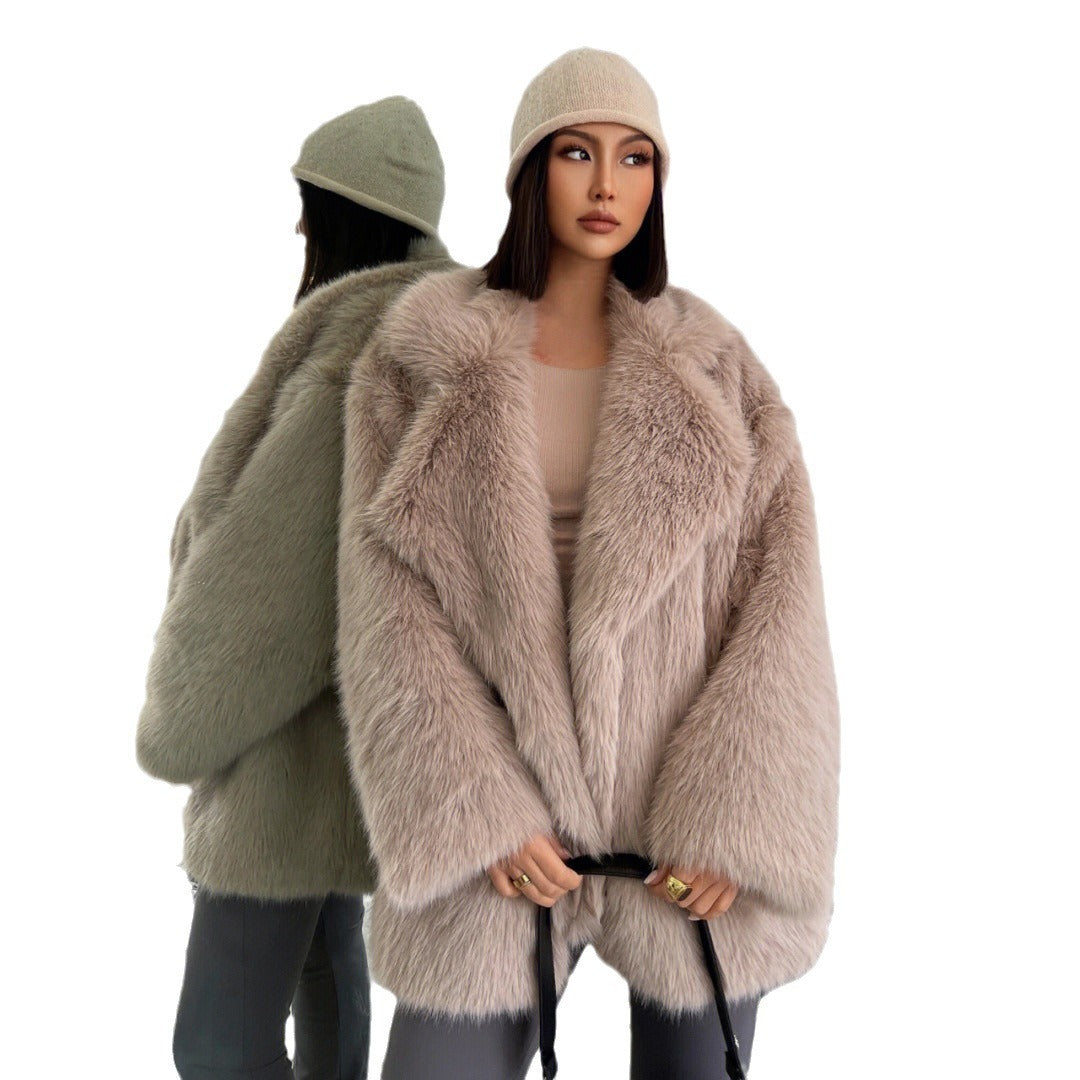 Faux Fox Fur Mid-length Collar Loose Coats