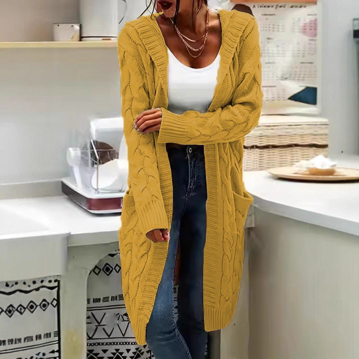 Women's Hooded Solid Color Long Twist Pocket Knitwear