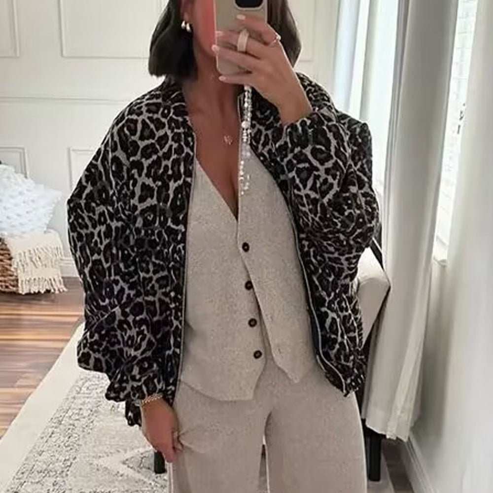 Women's Winter Leopard Print Zipper Cotton Coats