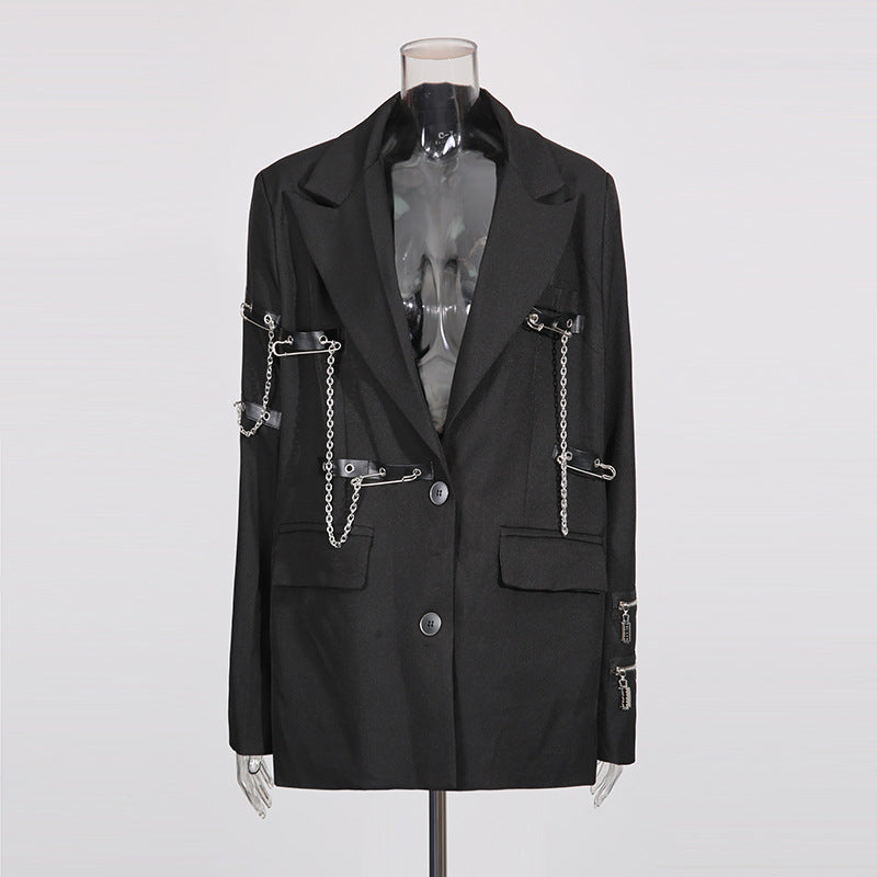 Women's Temperament Black Patchwork Trendy Autumn High-grade Blazers