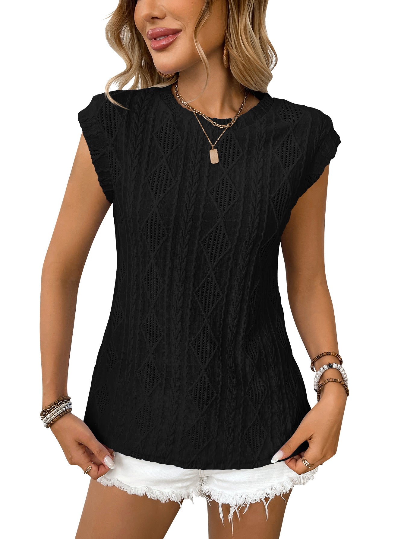 Women's Summer Round Neck Jacquard Sleeve Loose Vests