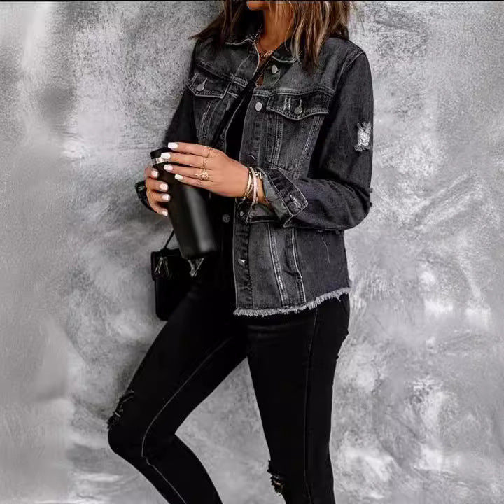 Women's Mid-length Ripped Denim Long-sleeved Shirt Jackets