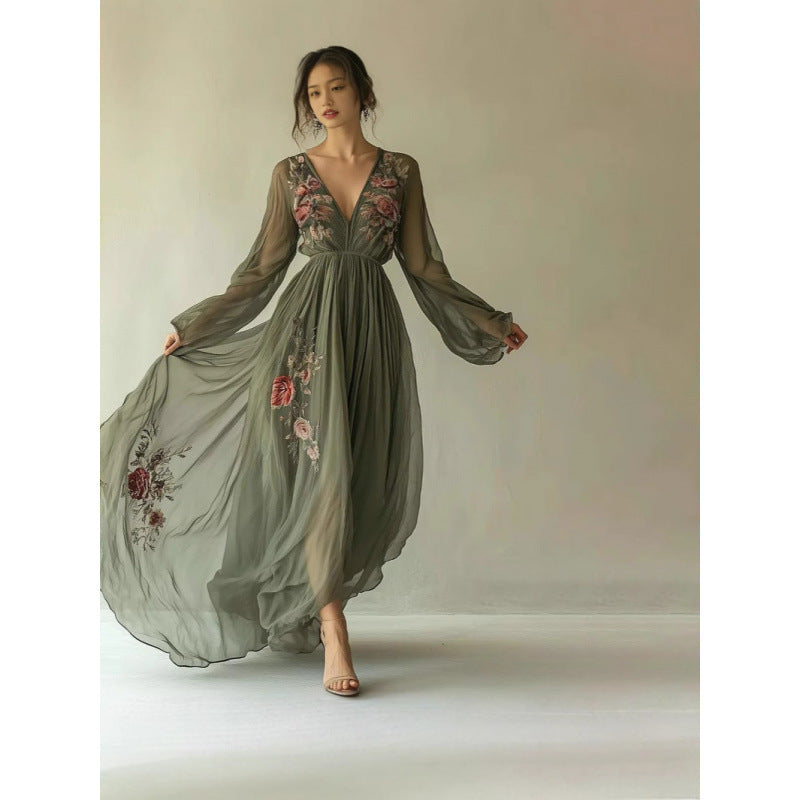 Digital Positioning Printed Long Sleeve Collar Dresses