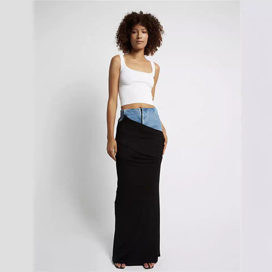 Women's High Waist Fake Two-piece Black Color Pleats Stitching Design Skirts