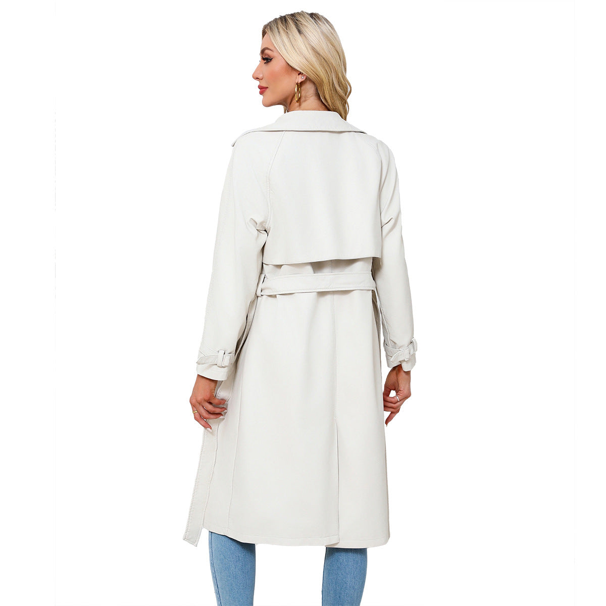 Women's Trench Long Loose Leather Classic Turn-down Collar Jackets