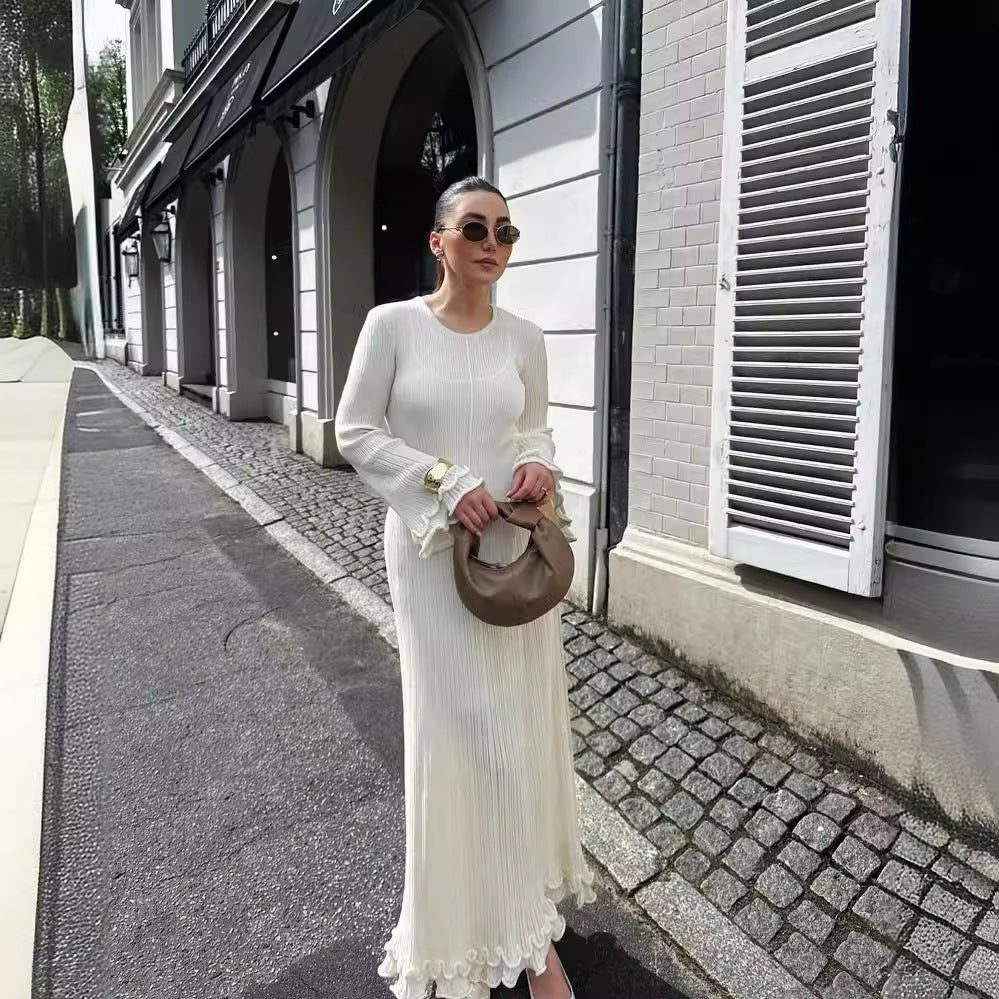 Women's Solid Color Round Neck Long Sleeve Slim Fit Stringy Dresses