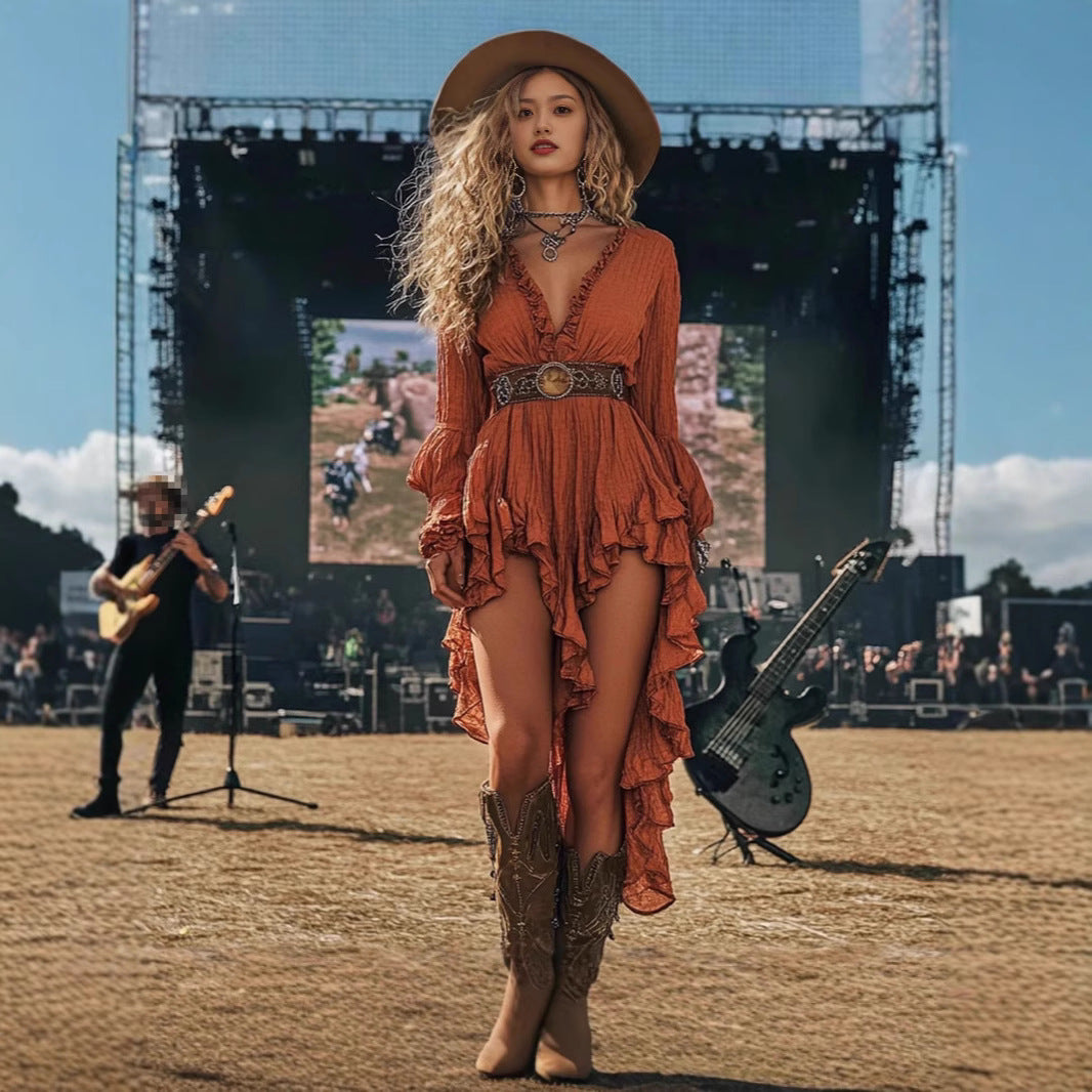 Women's Summer Ruffled Floral Tassel Retro Solid Dresses