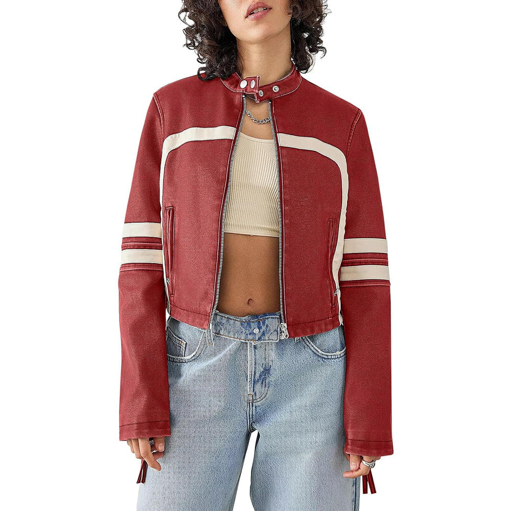 Women's Fashion Leather Color Contrast Patchwork Midriff Jackets