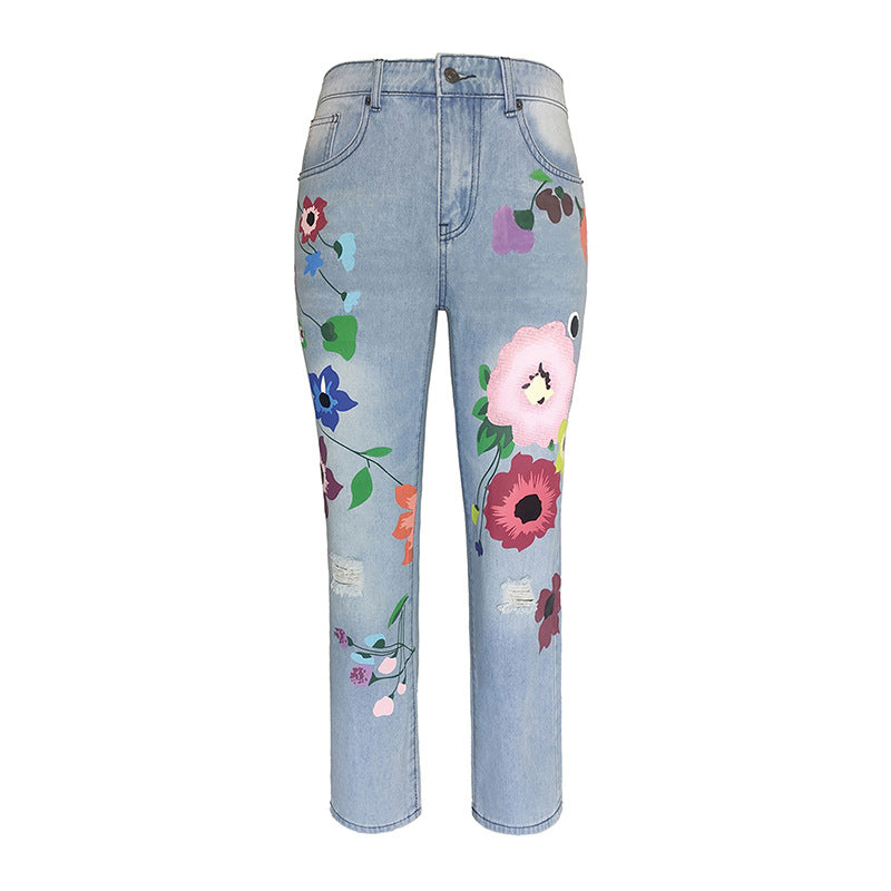 Women's Quality Blockbusters Exquisite Printing Denim Straight Go Out Jeans