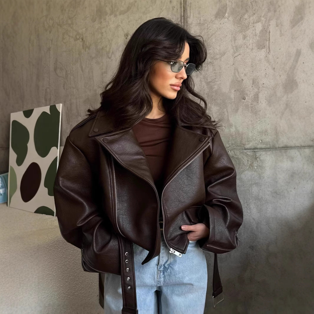 American Retro Leather Baggy With Belt Jackets