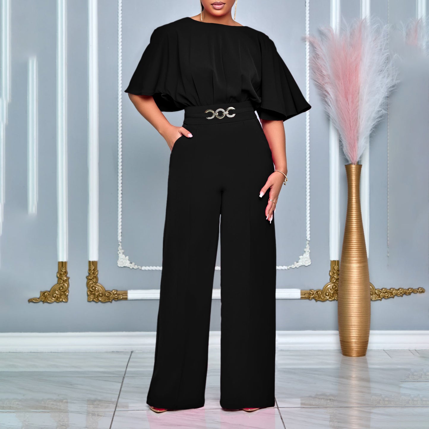 Women's Summer Fashion Round Neck Solid Color Pants