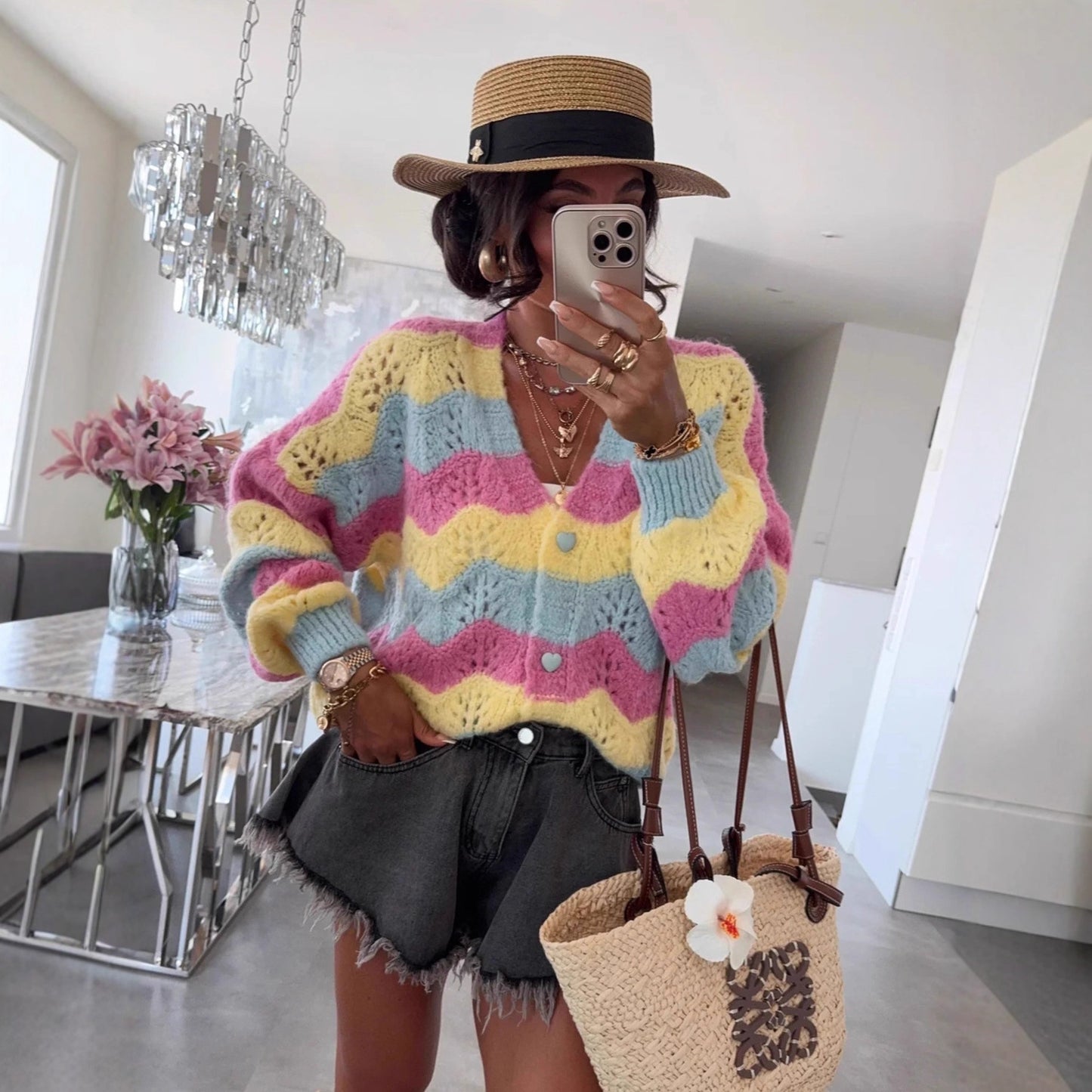 Women's Contrast Color Long Sleeve Single-breasted Knitted Sweaters