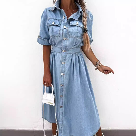 Lapel Breasted Elegant Denim Dress Long Dresses