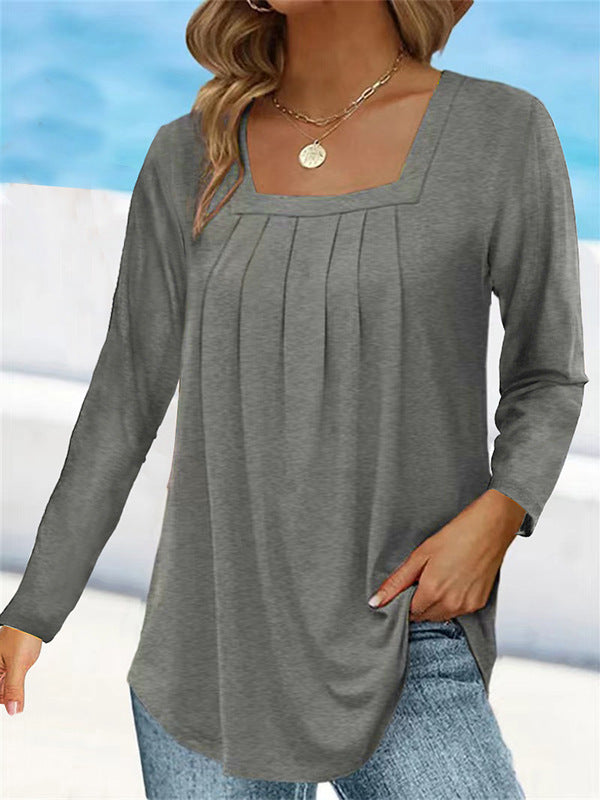 Women's Pleated Square Collar Long Sleeve Imitation Blouses