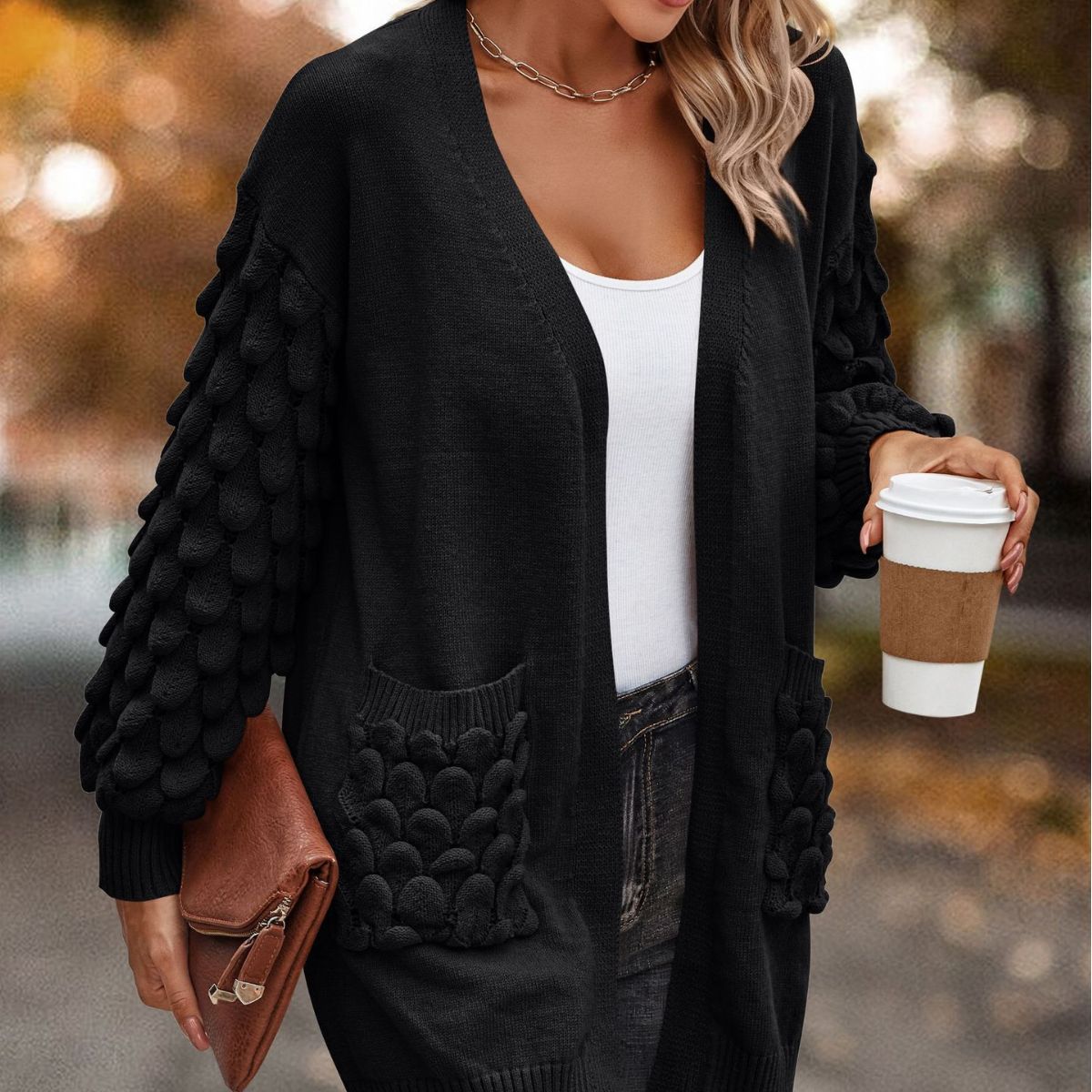 Feather Solid Color Long Sleeve Knitted Sweaters