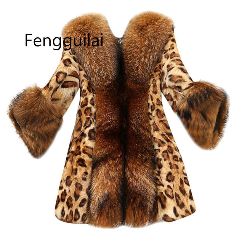 Women's Leopard Print Faux Raccoon Collar Artificial Coats
